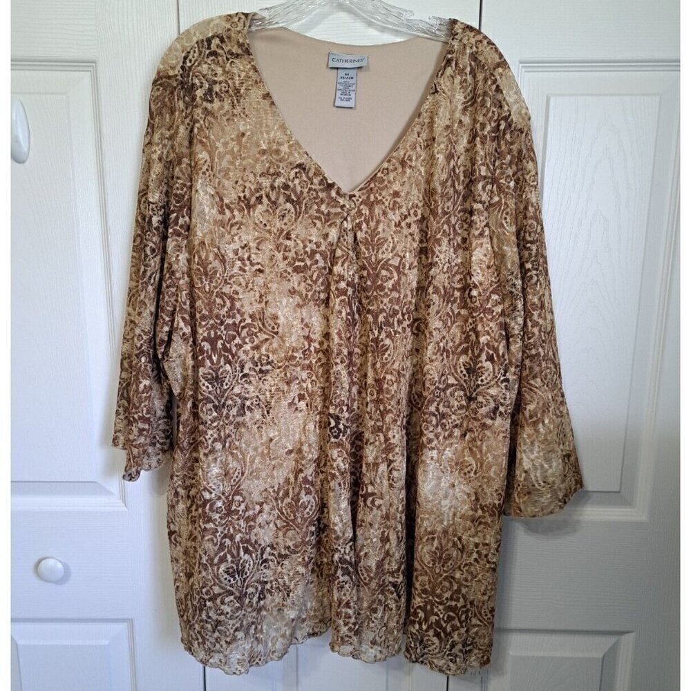 Catherines 4X (30/32W) Brown V-Neck Medallion Print 3/4 Sheer Sleeve Tunic